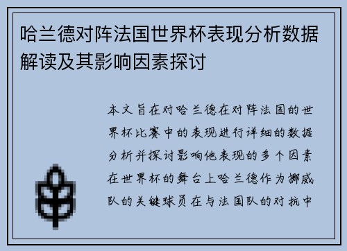 哈兰德对阵法国世界杯表现分析数据解读及其影响因素探讨