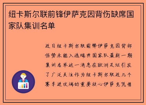 纽卡斯尔联前锋伊萨克因背伤缺席国家队集训名单