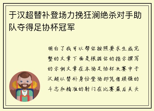 于汉超替补登场力挽狂澜绝杀对手助队夺得足协杯冠军